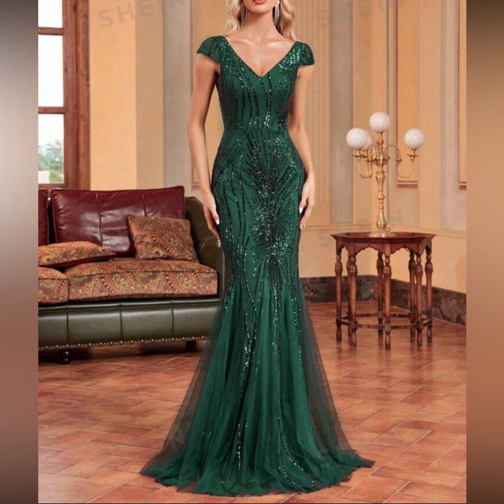 Luxe mermaid hem mesh sequins party formal dress - Picture 1 of 10